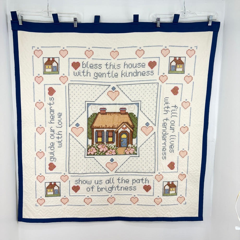 Handcrafted Quilted Cross Stitch Wall Hanging Bless This House Cottage Farmhouse